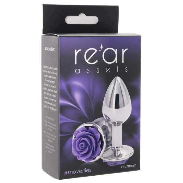 Rear Assets Small Rose Aluminum Plug in Silver/Purple - SexToysSurrey.Delivery