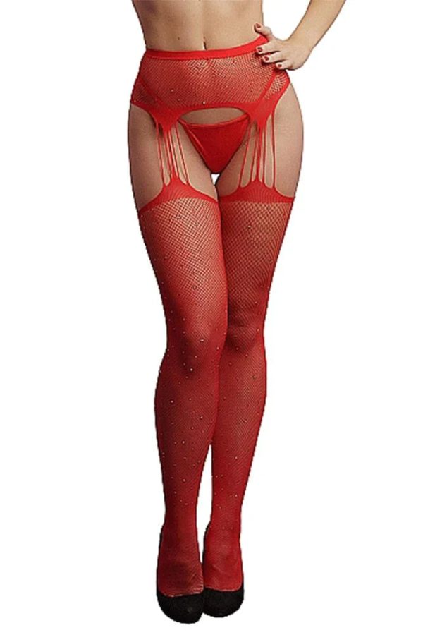 Le Désir Red Suspender Rhinestone Pantyhose